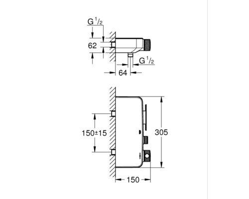 Technische Zeichnung einer Duscharmatur mit Maßangaben für die Installation.