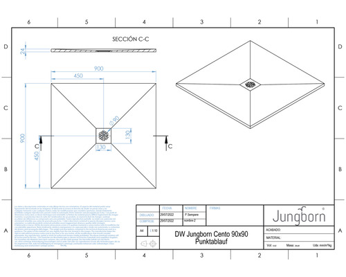 Technische Zeichnung Jungborn Cento 90x90 Punktablauf
