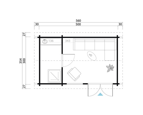 Grundriss eines Gartenhauses mit Wohnzimmer und Badezimmer mit Maßen
