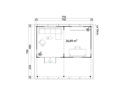 Grundriss eines Gartenhauses mit Wohn- und Arbeitsbereich, Fläche 26,89 Quadratmeter