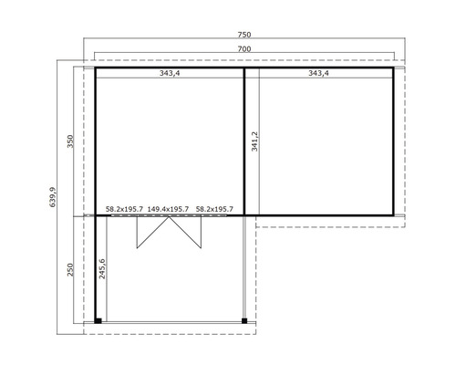 Zeichnung eines Gartenhauses mit Maßangaben