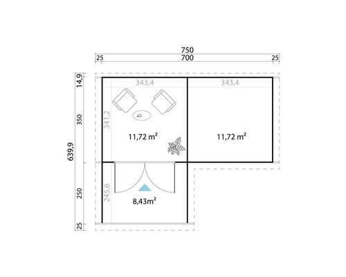 Grundrisszeichnung mit Maßangaben in Millimetern und Flächenangaben in Quadratmetern