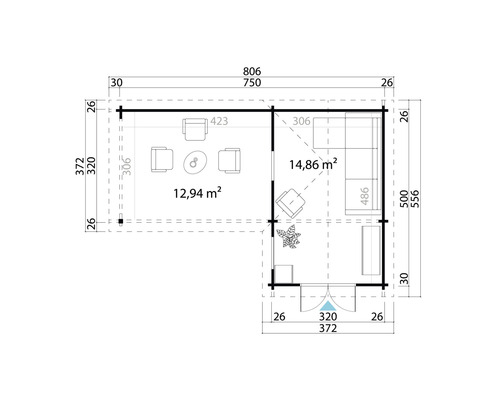 Grundrisszeichnung eines Gartenhauses mit Größenangaben