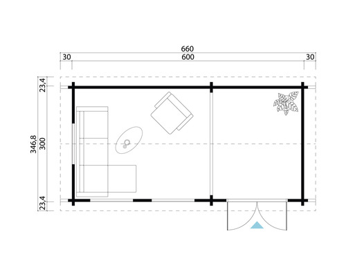 Grundriss eines Gartenhauses mit Möbeln und Bepflanzung, Maße angegeben