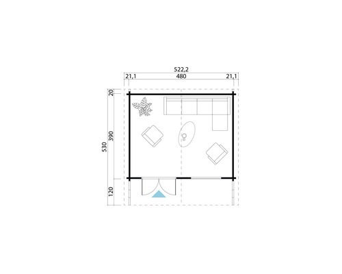 Grundriss eines Gartenhauses mit Möbeln und Abmessungen