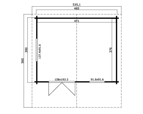 Grundrisszeichnung eines Gartenhauses mit Maßangaben