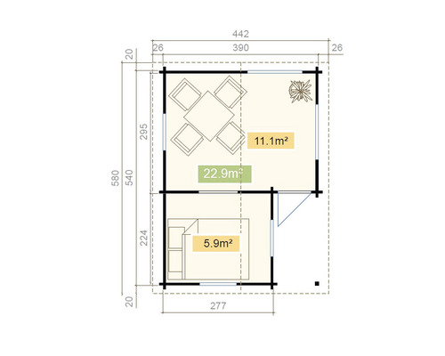Grundriss eines Gartenhauses mit Flächenangaben