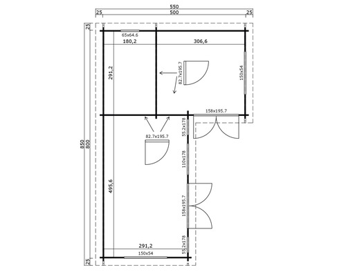 Grundrisszeichnung eines Gartenhauses mit Maßangaben