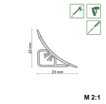 Profilzeichnung einer Dichtung mit den Maßen 23 mal 23 Millimeter sowie Symbole für Werkzeuge