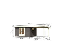 Abbildung eines Gerätehauses mit Carport und Maßangaben.
