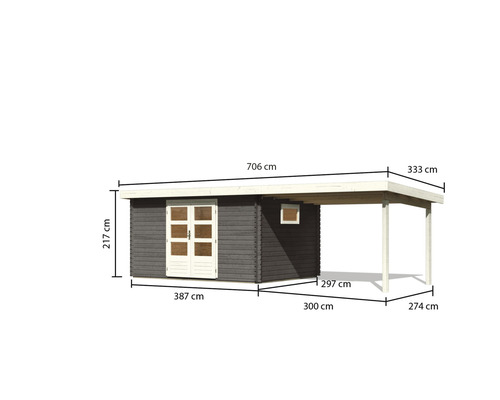 Abbildung eines Gerätehauses mit Carport und Maßangaben.