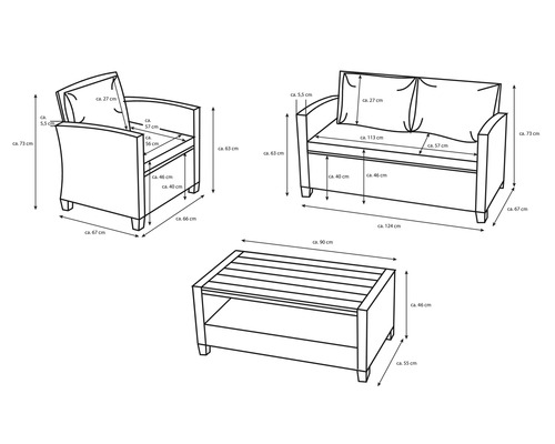 Skizze einer Loungegruppe mit Sessel, Sofa und Tisch mit Maßangaben