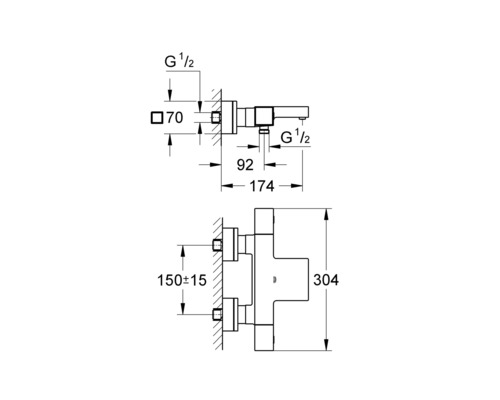 Technische Zeichnung einer Badarmatur mit Maßangaben