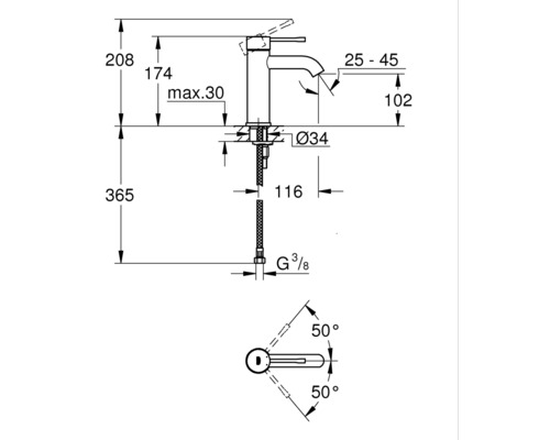 Technische Zeichnung einer Armatur mit Maßangaben