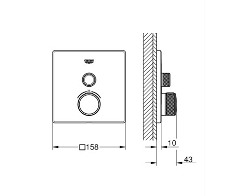 Technische Zeichnung einer Duscharmatur mit Maßen