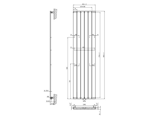 Technische Zeichnung eines Heizkörpers mit Maßangaben.