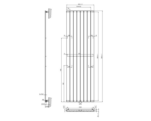 Technische Zeichnung eines Heizkörpers mit Maßangaben.