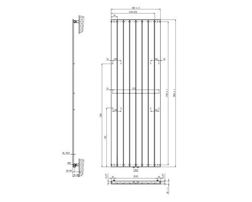 Technische Zeichnung eines Heizkörpers mit Maßangaben