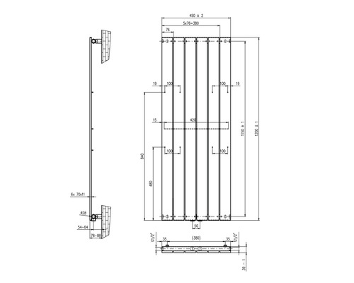 Technische Zeichnung eines Heizkörpers mit Maßangaben