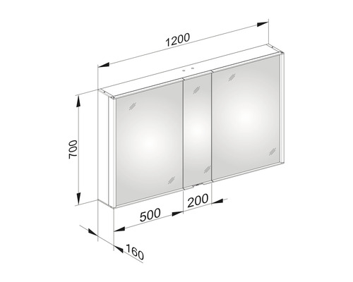 Technische Zeichnung eines Spiegelschranks mit Maßangaben.
