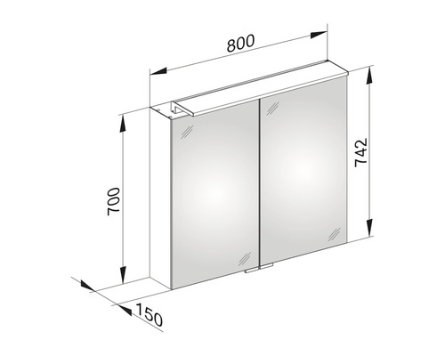 Technische Zeichnung eines Spiegelschranks mit Abmessungen.