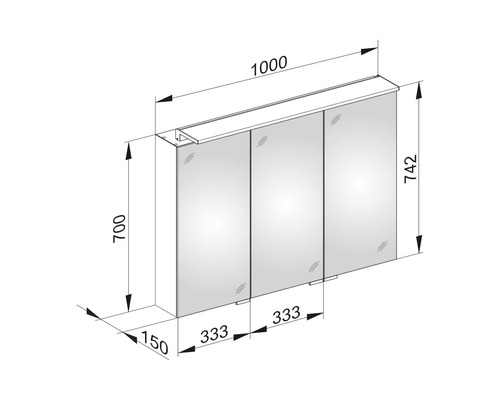 Technische Zeichnung eines Spiegelschranks mit Maßen
