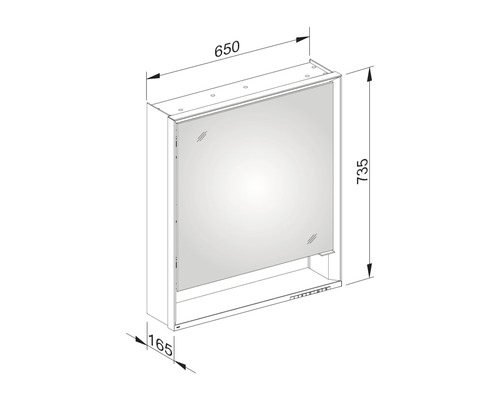 Technische Zeichnung eines Spiegelschranks mit den Maßen 650 x 735 x 165 mm.