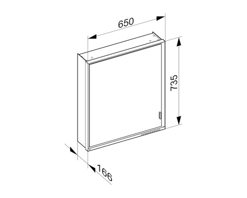Technische Zeichnung eines Spiegelschranks mit Maßangaben.
