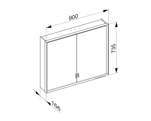 Technische Zeichnung eines Spiegelschranks mit Abmessungen 900 x 735 x 166 Millimeter.