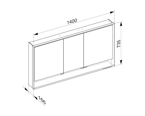 Technische Zeichnung eines Spiegelschranks mit Maßangaben.