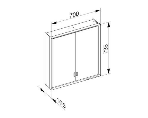 Technische Zeichnung eines Spiegelschranks mit Breiten-, Höhen- und Tiefenangaben