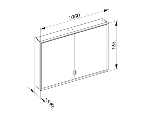 Technische Zeichnung eines Spiegelschranks mit Maßangaben.