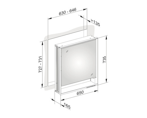 Technische Zeichnung eines Spiegelschranks mit Maßangaben