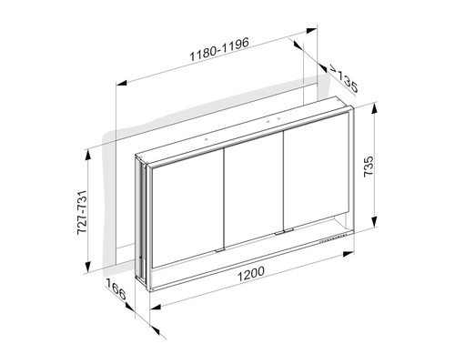 Technische Zeichnung eines Spiegelschrankes mit Maßangaben.