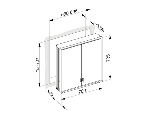 Technische Zeichnung eines Spiegelschrankes mit Maßangaben