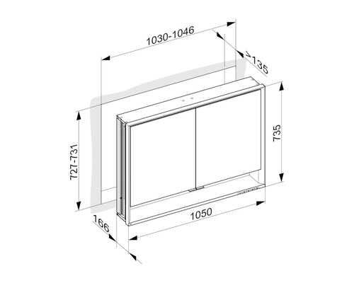 Technische Zeichnung eines Spiegelschranks mit Maßangaben