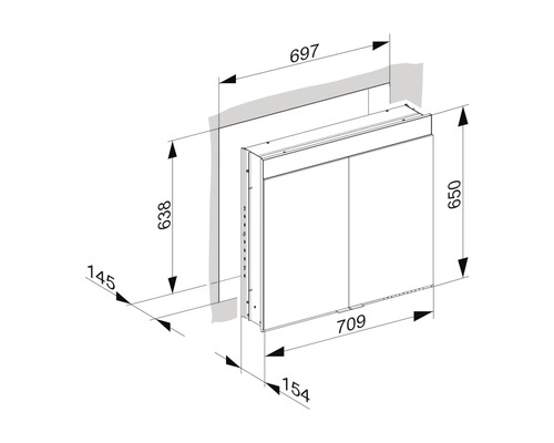 Technische Zeichnung eines Schranks mit Maßangaben in Millimetern