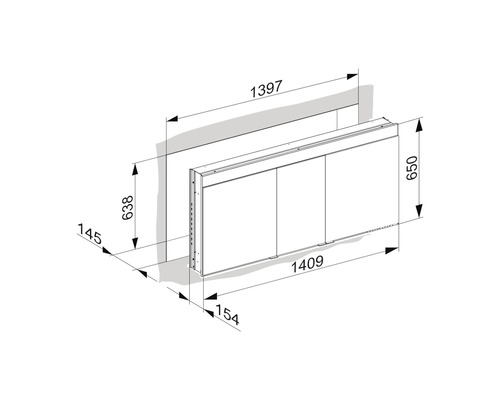 Technische Zeichnung eines Badezimmerschranks mit Maßangaben