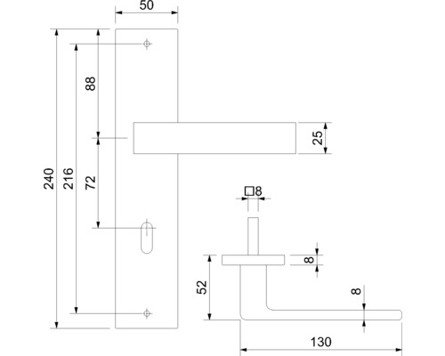 Technische Zeichnung eines Türdrückers mit Maßangaben