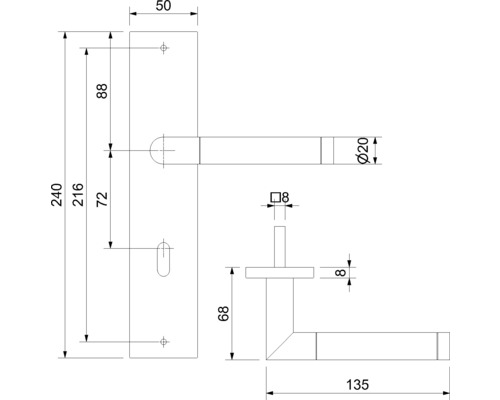 Technische Zeichnung eines Türdrückers mit Maßen