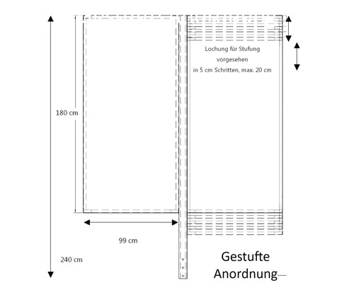 Diagramm einer gestuften Anordnung mit den Maßen 180 cm, 240 cm und 99 cm