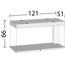 Abbildung eines Aquariums mit den Maßen 121 x 51 x 66 Zentimeter.