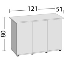 Schrank mit drei Türen und Maßangaben: 80 cm Höhe, 121 cm Breite und 51 cm Tiefe.