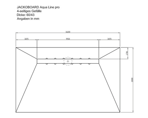 JACKOBOARD Aqua Line pro Bauplan mit Gefälle und Maßangaben in Millimeter