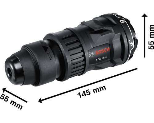 Bosch SDS plus Schnellspannbohrfutter mit den Maßen 55 mm mal 55 mm mal 145 mm