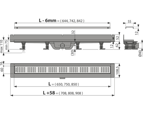 Technische Zeichnung einer Duschrinne mit Maßangaben