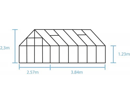 Technische Zeichnung eines Gewächshauses mit Maßangaben.