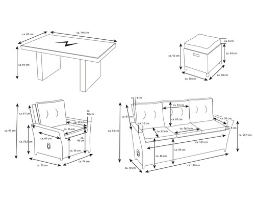 Dimensionsdarstellung einer Loungegruppe bestehend aus Tisch, Sessel, Dreisitzer und Hocker