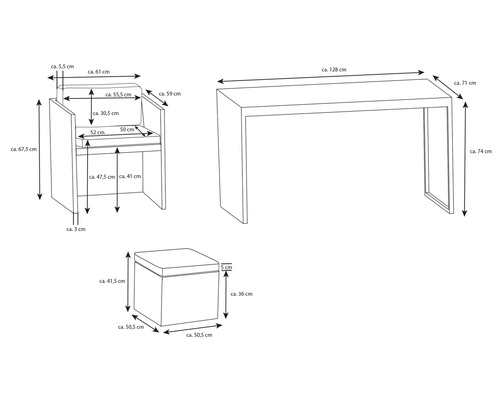 Skizze eines Lounge Sets mit Sessel, Hocker und Tisch mit Maßangaben