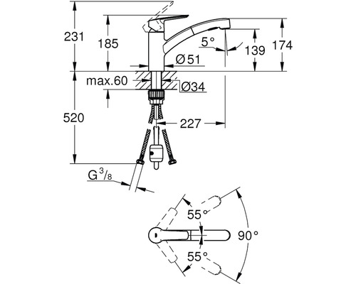 Technische Zeichnung einer Küchenarmatur mit Maßen